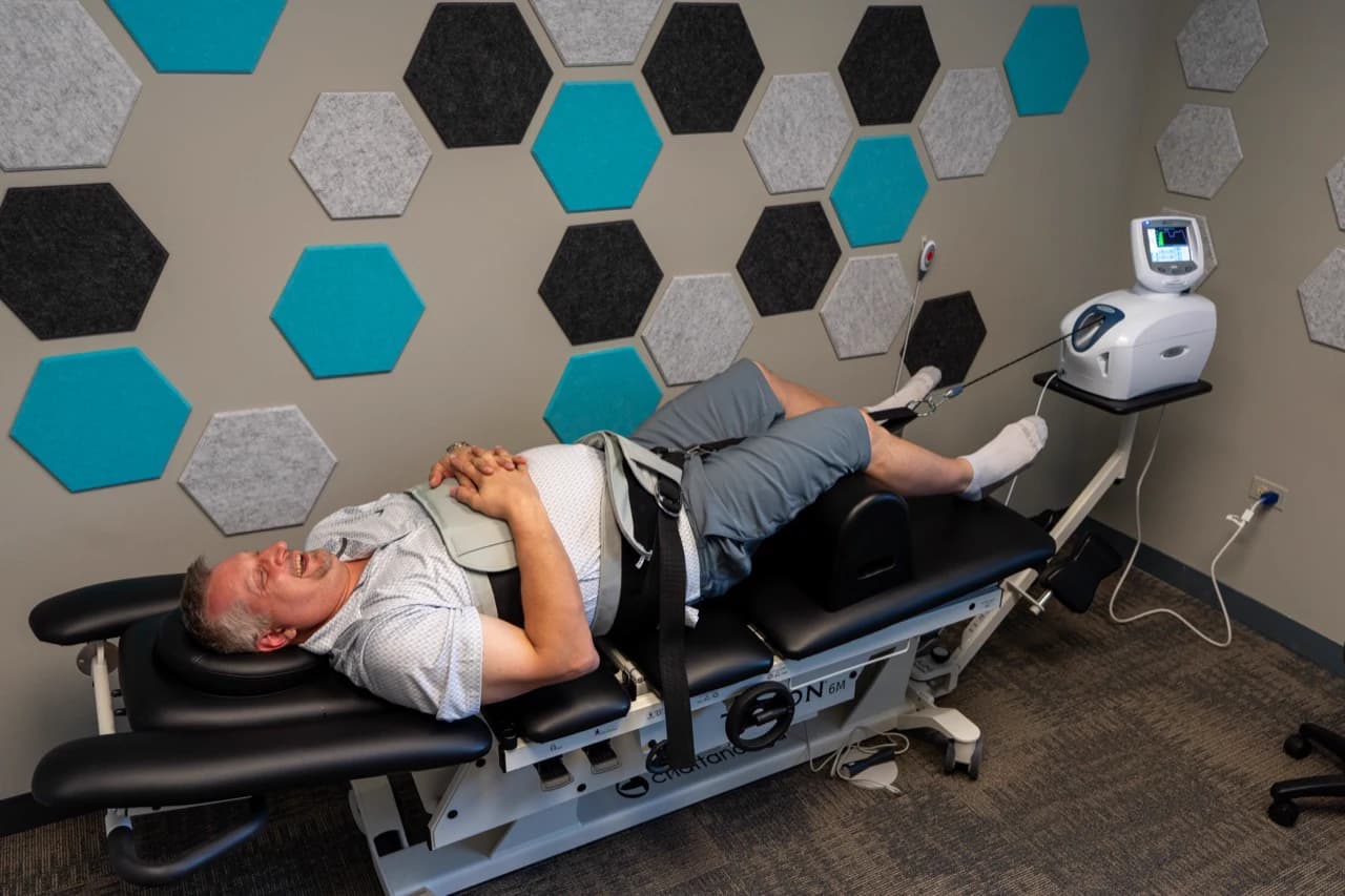 Non-surgical spinal decompression session at SpineCo in Downers Grove, IL